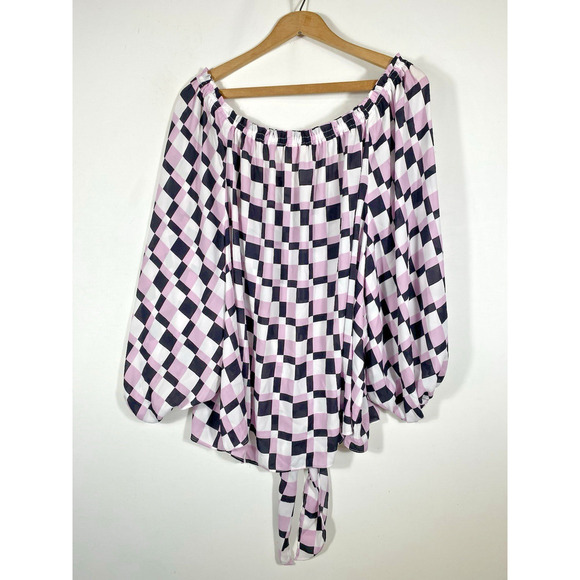 Cato 26/28W Blouse Top Shirt Check Print Chiffon Tie Front Purple Black White - Picture 9 of 11